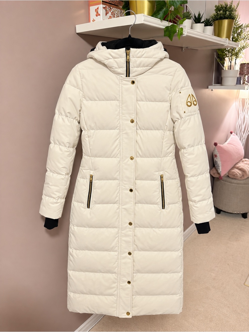 Moose Knuckles Cream Hooded Long Puffer Coat with Gold Accents